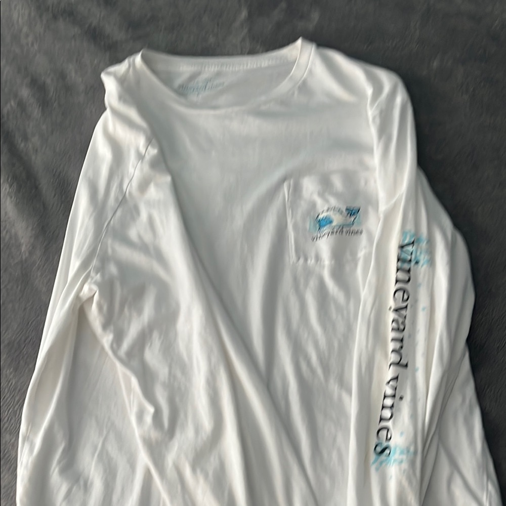 White Long Sleeve Shirt with Blue Graphics